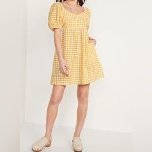 Old Navy Womens XS Yellow White Gingham Check Puff Sleeve Babydoll Dress Preppy